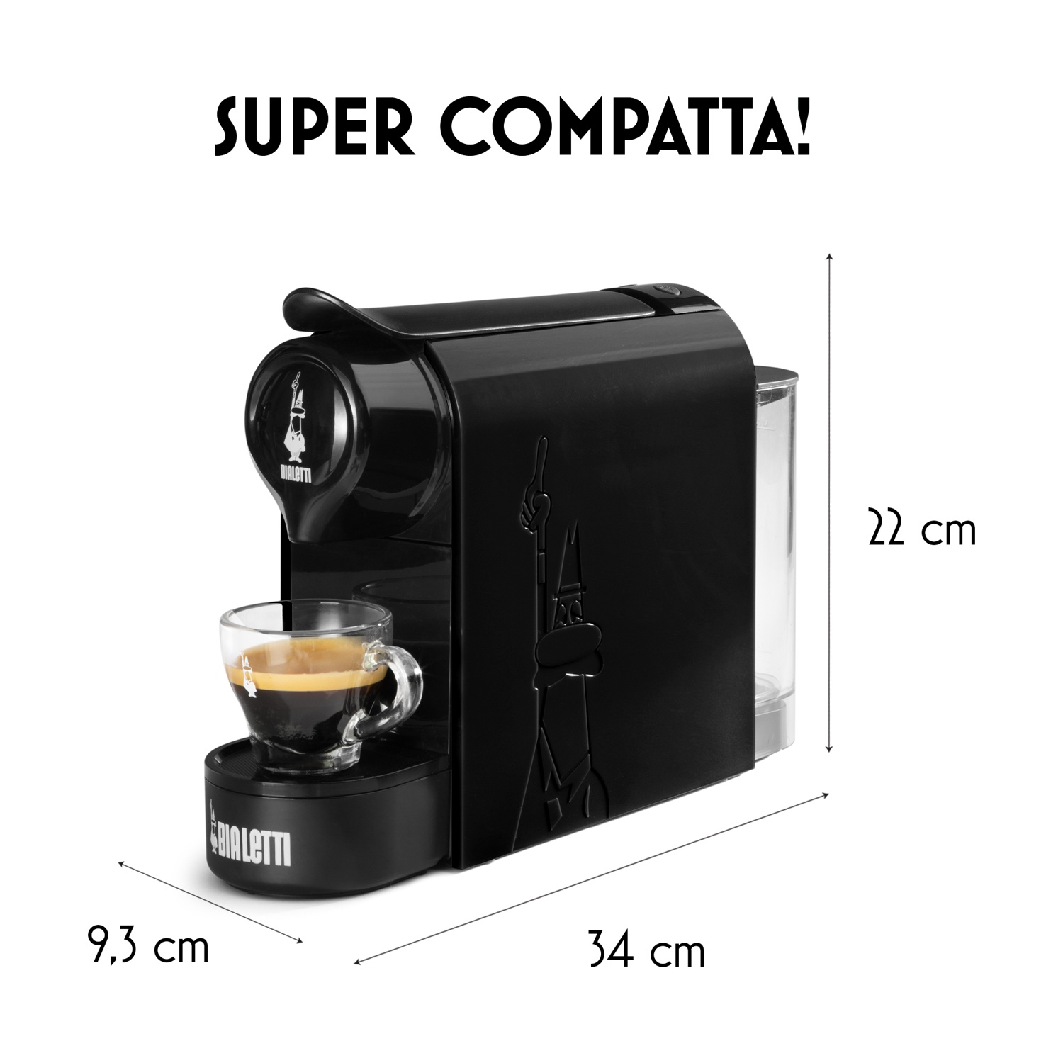 Macchina da caffè nera con tazzina da espresso. Dimensioni: 9,3x34x22 cm.