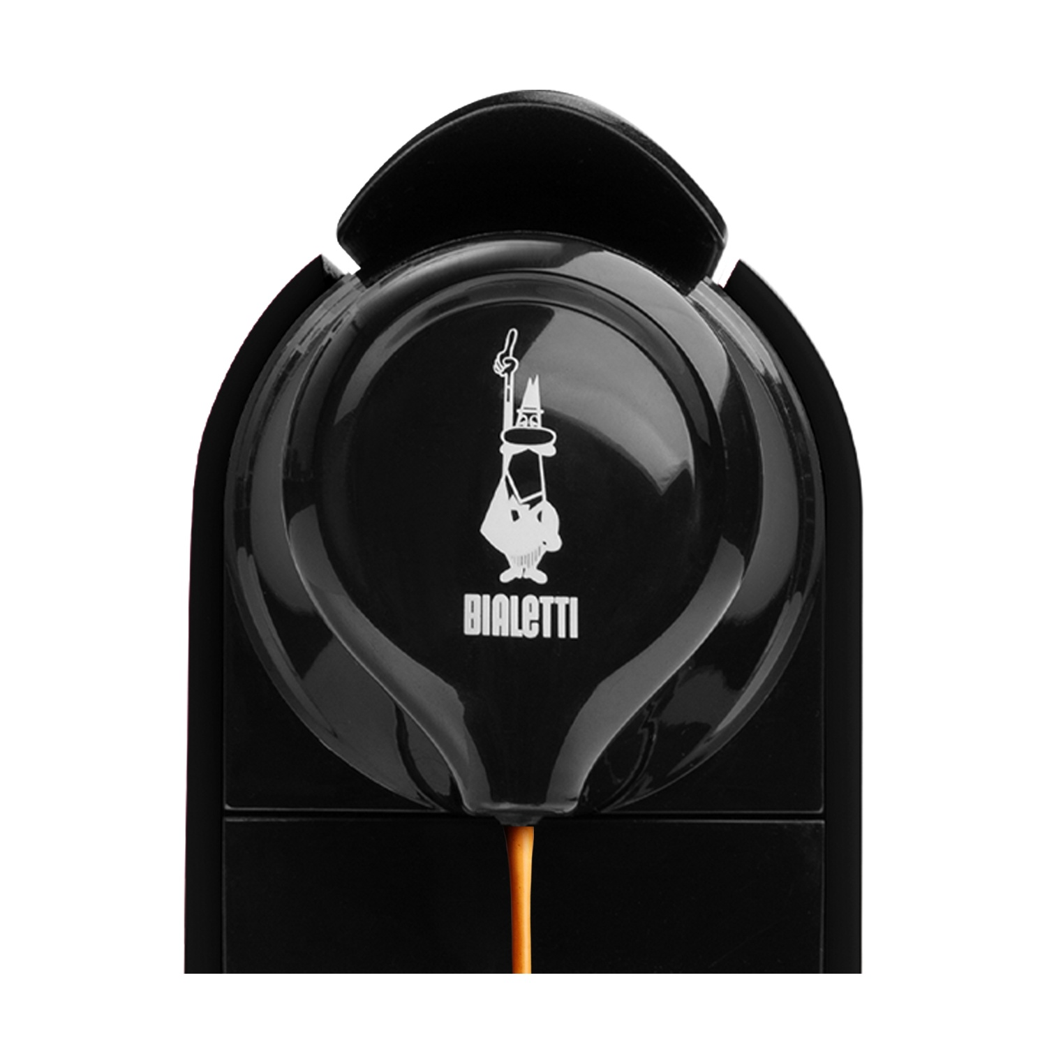 Macchina da caffè Bialetti nera con un flusso di caffè che esce dal beccuccio.