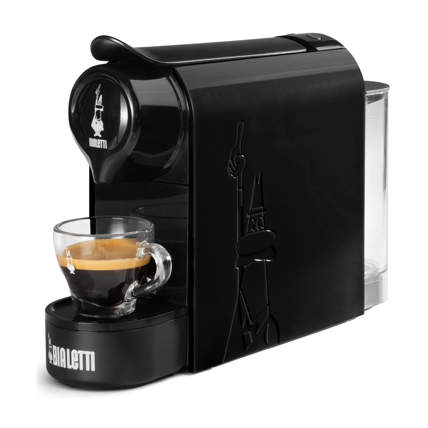 Macchina da caffè nera con tazza di espresso, logo Bialetti.