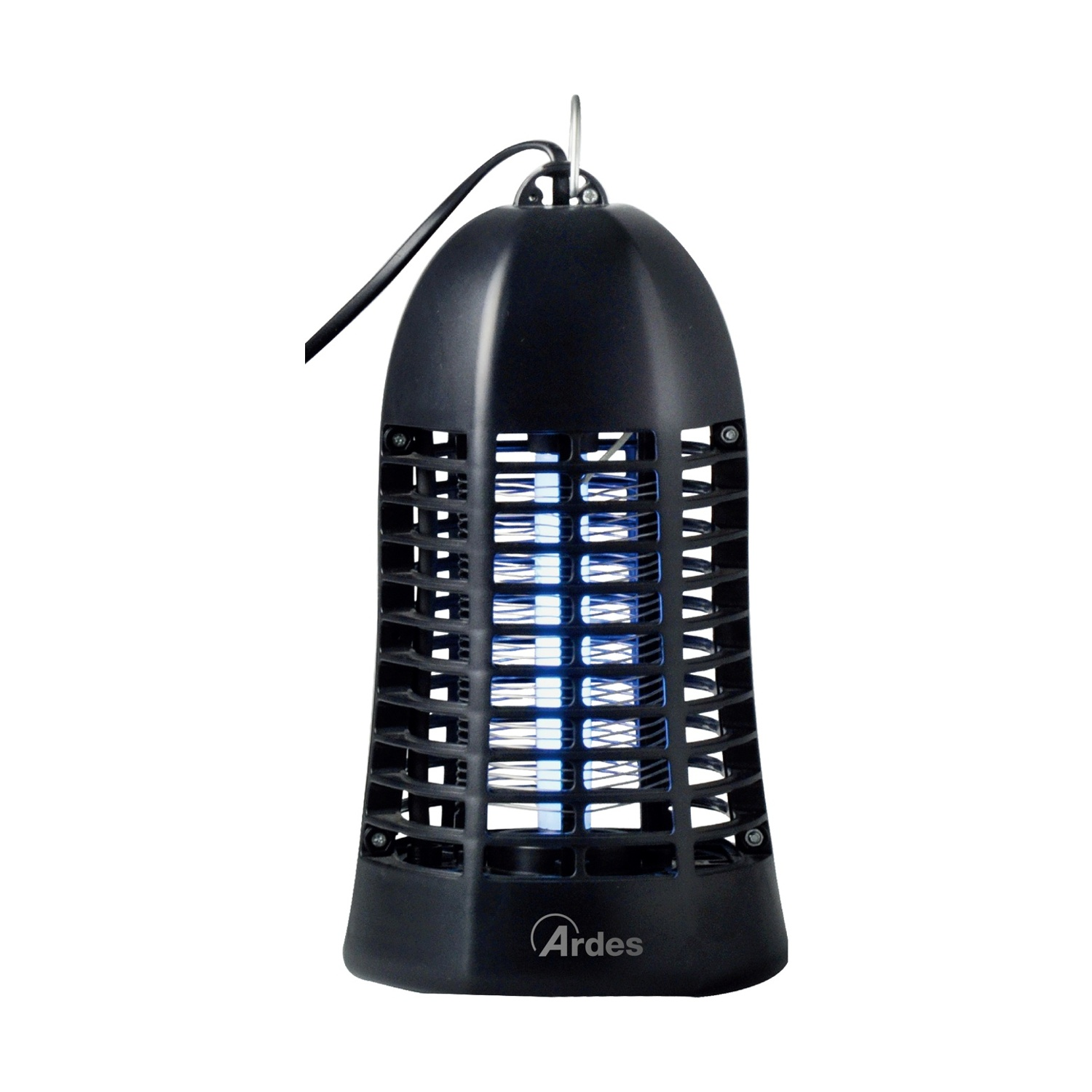 Zanzariera nera con tubi a luce UV blu su sfondo bianco.