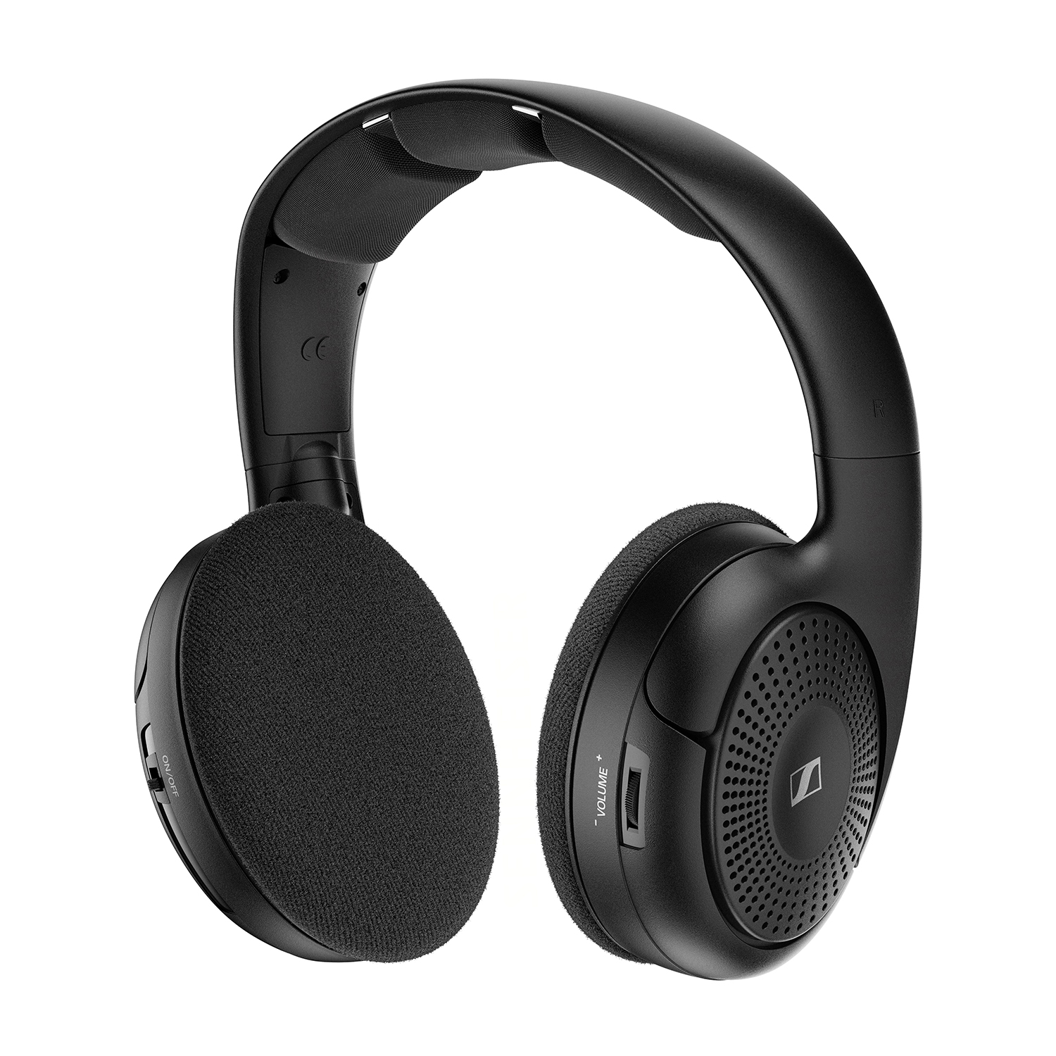 Cuffie over-ear nere con archetto imbottito e padiglioni in tessuto.