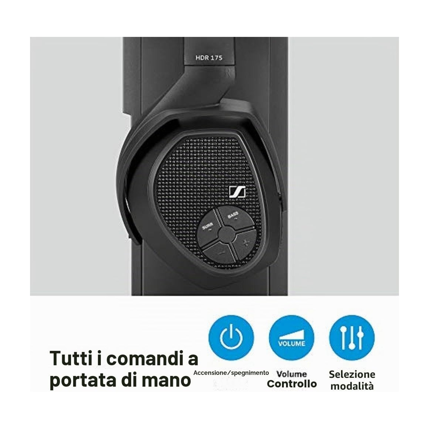 Cuffia nera con controlli e icone per volume e selezione modalità.