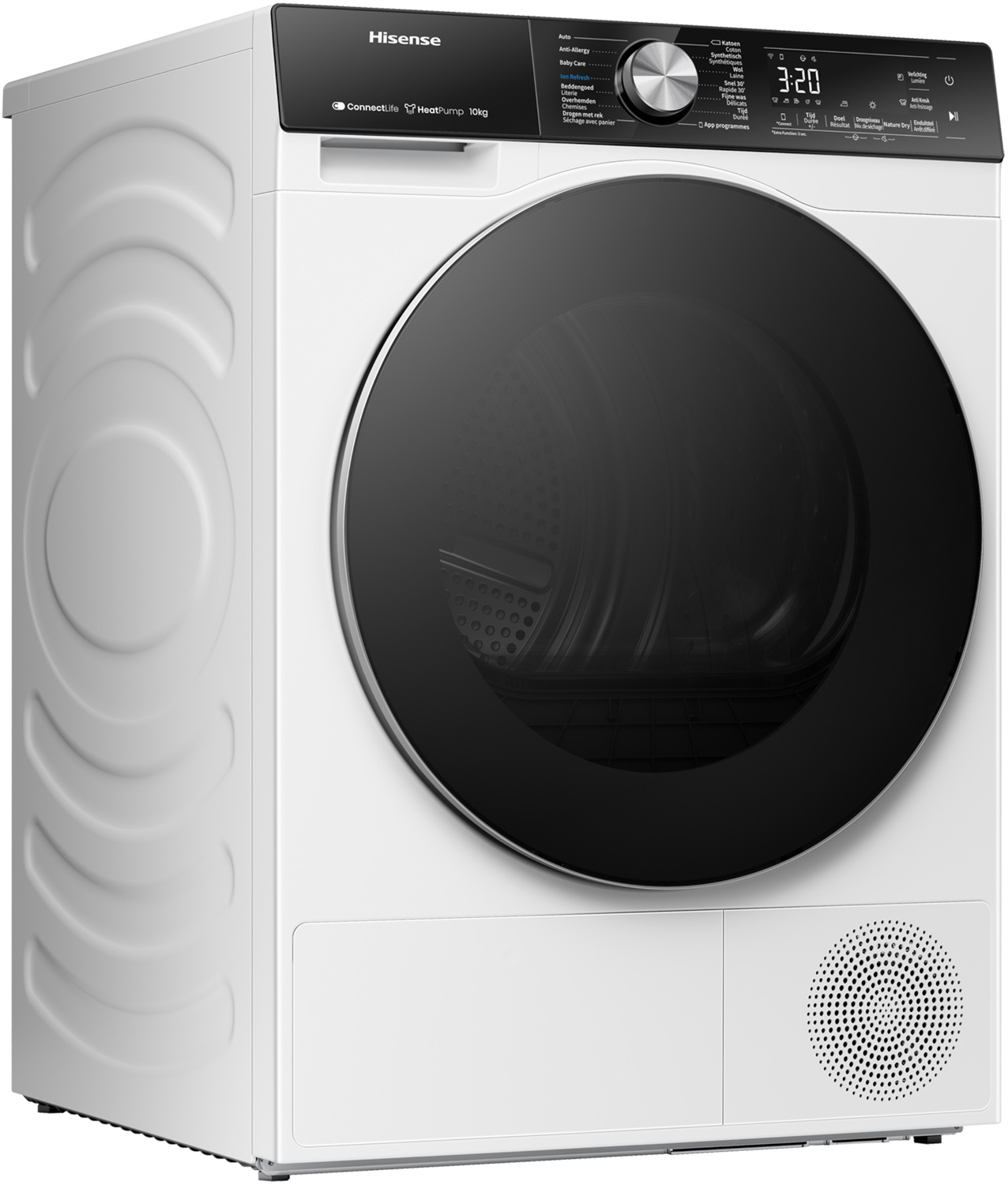 Een witte Hisense droger met zwarte deur en digitaal display.