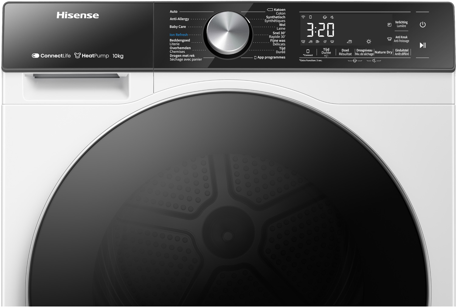 Een Hisense warmtepompdroger bedieningspaneel met digitale display.