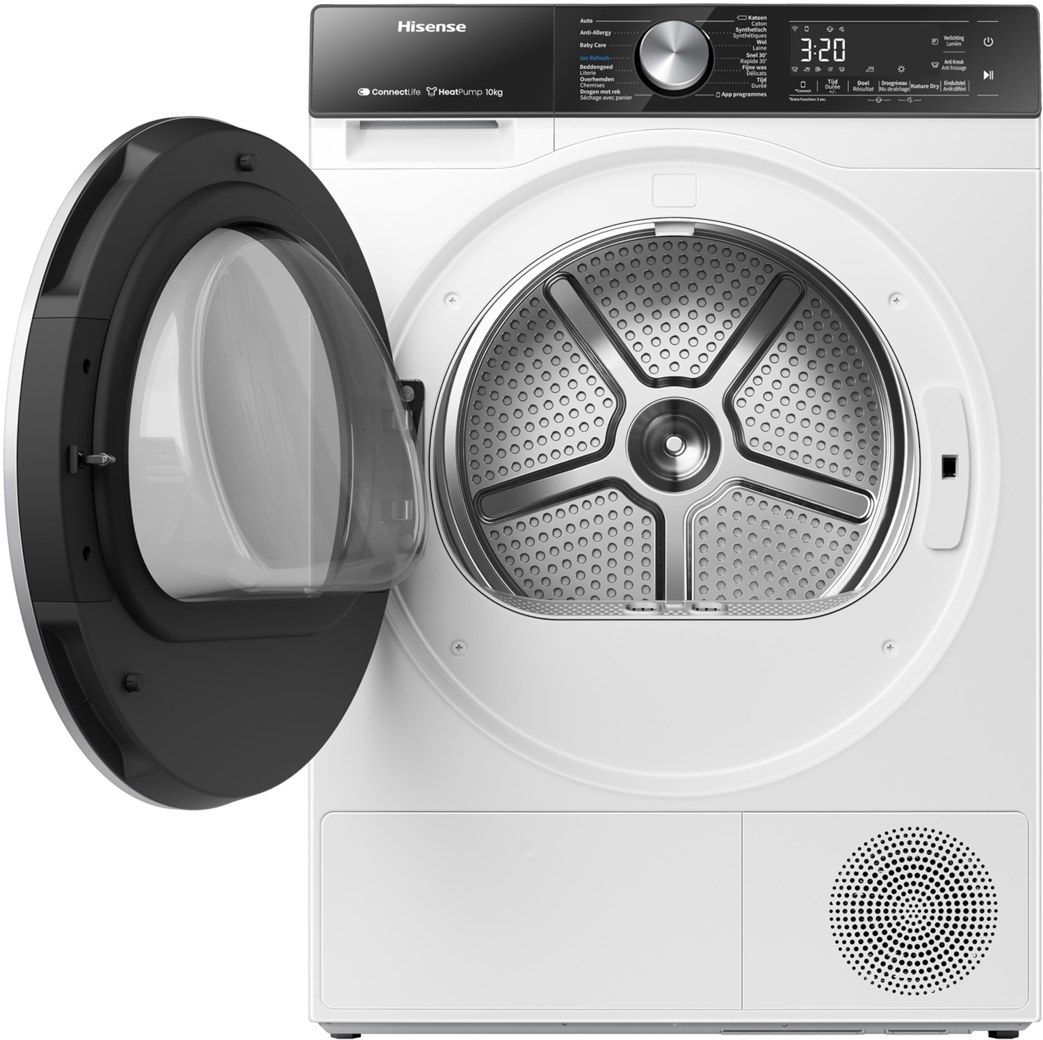 Witte Hisense warmtepompdroger met open deur en bedieningspaneel.