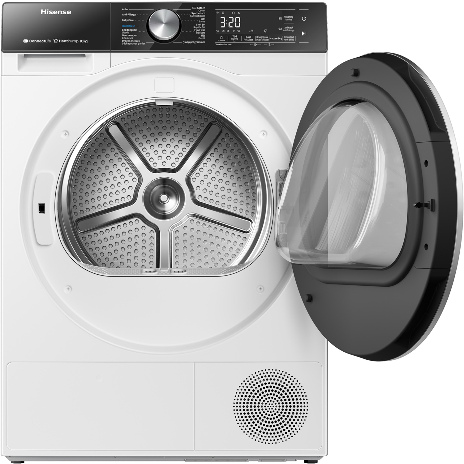 Een witte Hisense wasdroger met de deur open. Het bedieningspaneel toont een digitaal display.