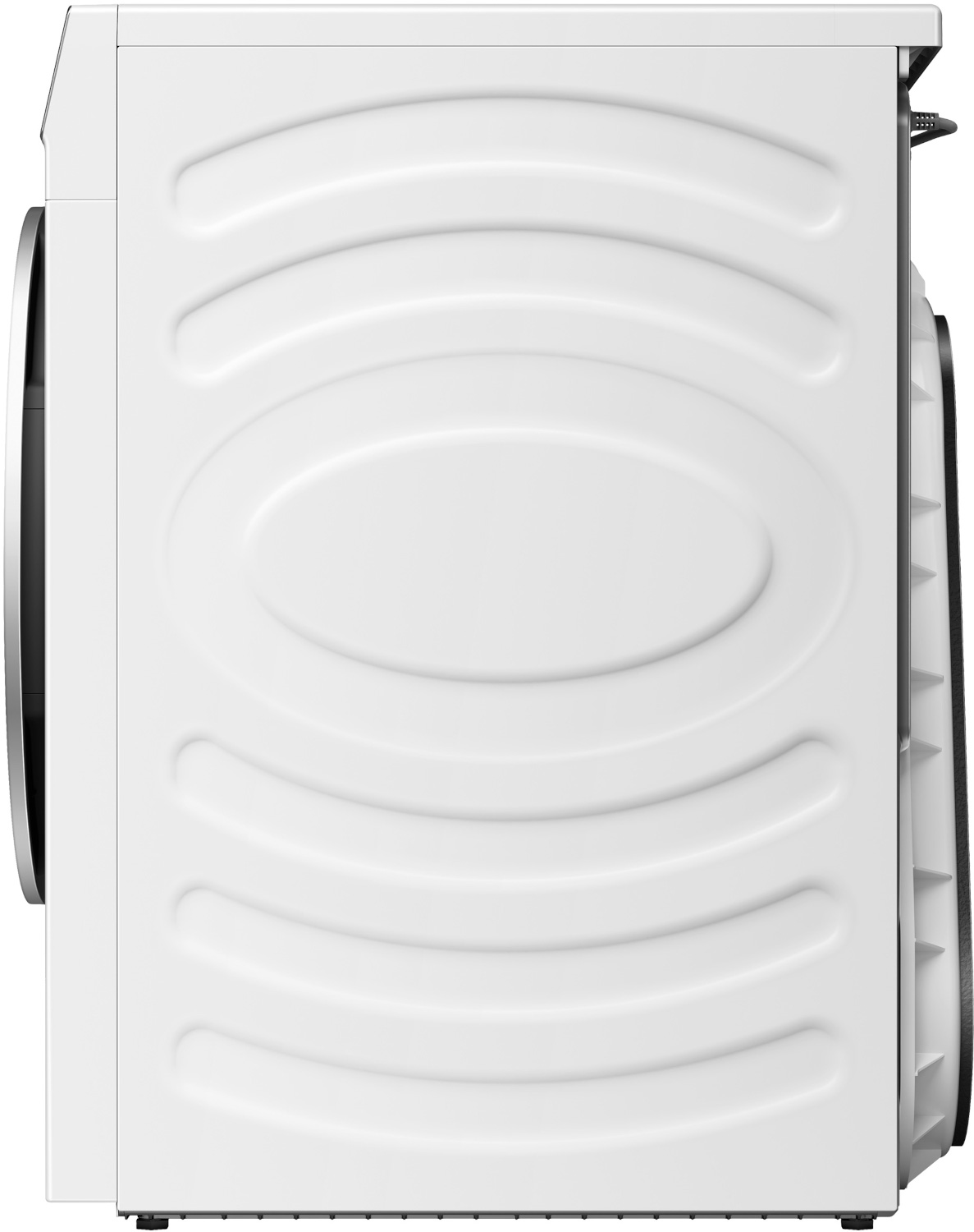 Witte wasmachine van de zijkant gezien, met gebogen inkepingen aan de zijkant.