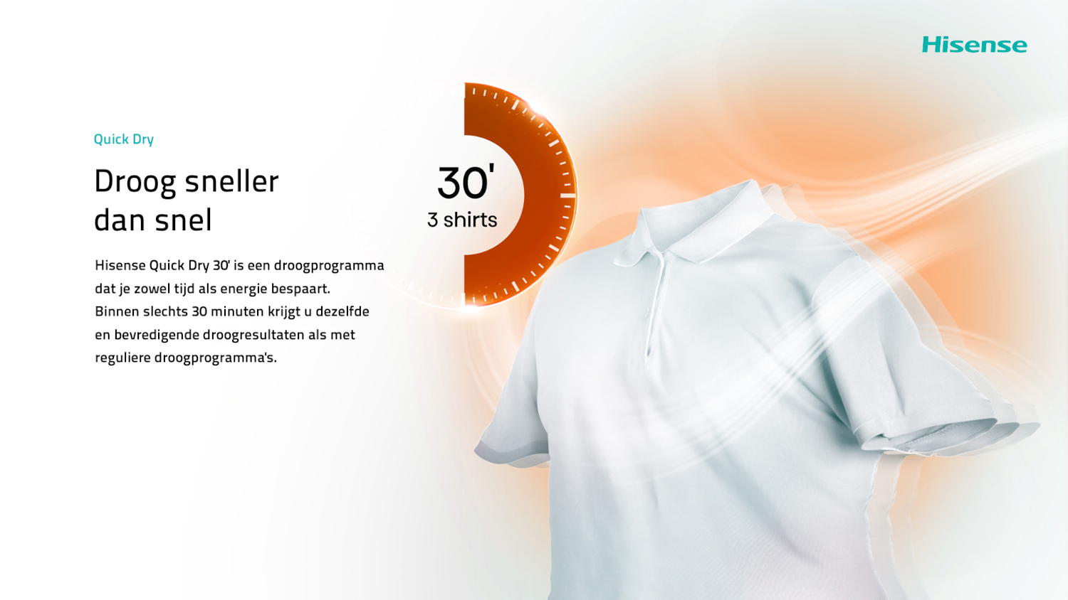 Wit poloshirt met Hisense logo en 30 min sneldroog timer voor 3 shirts.