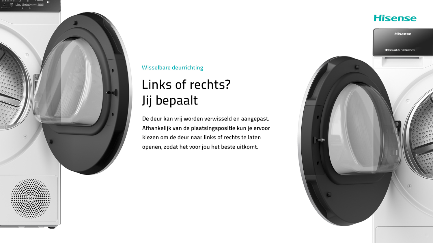 Twee witte Hisense wasmachines met deuren op een kier, links en rechts.