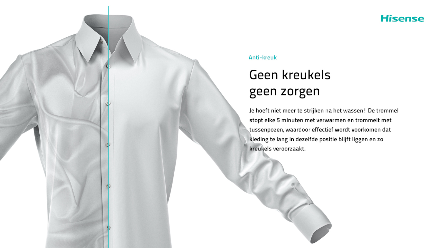 Een wit overhemd wordt getoond met de linkerzijde gekreukeld en de rechterzijde glad.