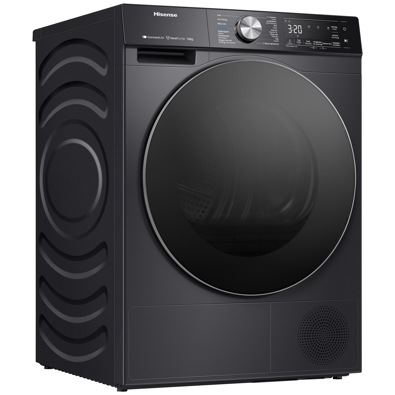 Zwarte Hisense warmtepompdroger met grote ronde deur en bedieningspaneel.