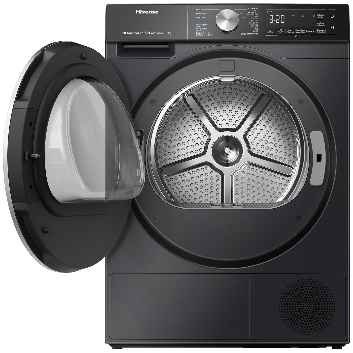 Een zwarte Hisense wasdroger met de deur open, die de trommel onthult.