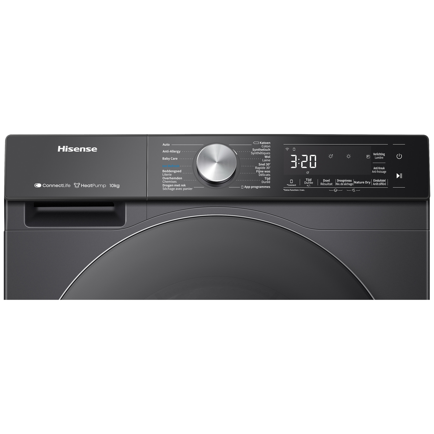 Grijze Hisense wasmachine met digitaal display en programma keuzes.
