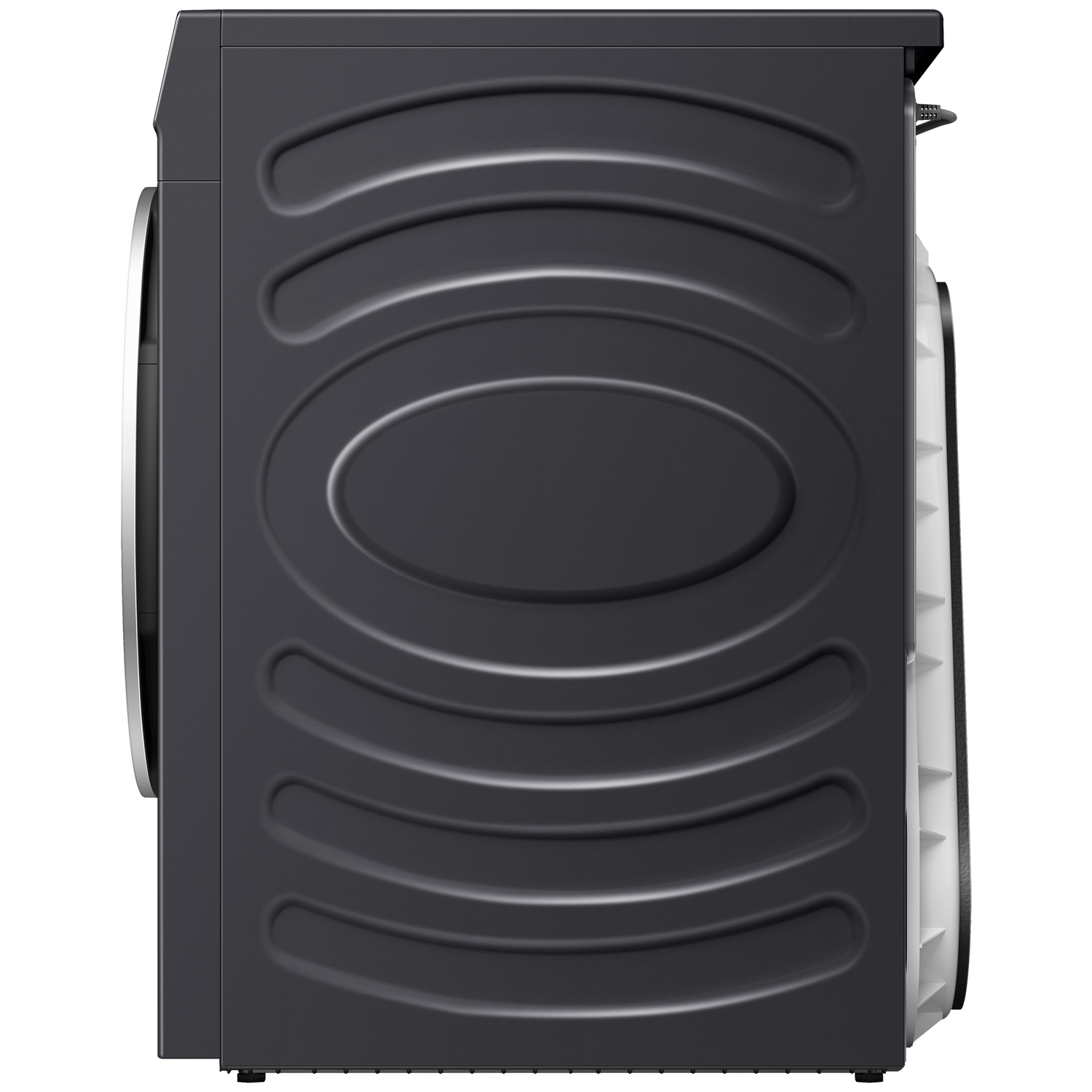 Donkergrijze wasmachine met ribbelpatroon aan de zijkant en zichtbaar wit ventilatierooster.