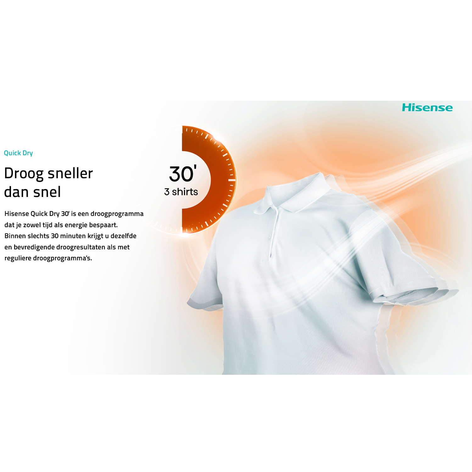 Een wit poloshirt met een droogprogramma van 30 minuten van Hisense.