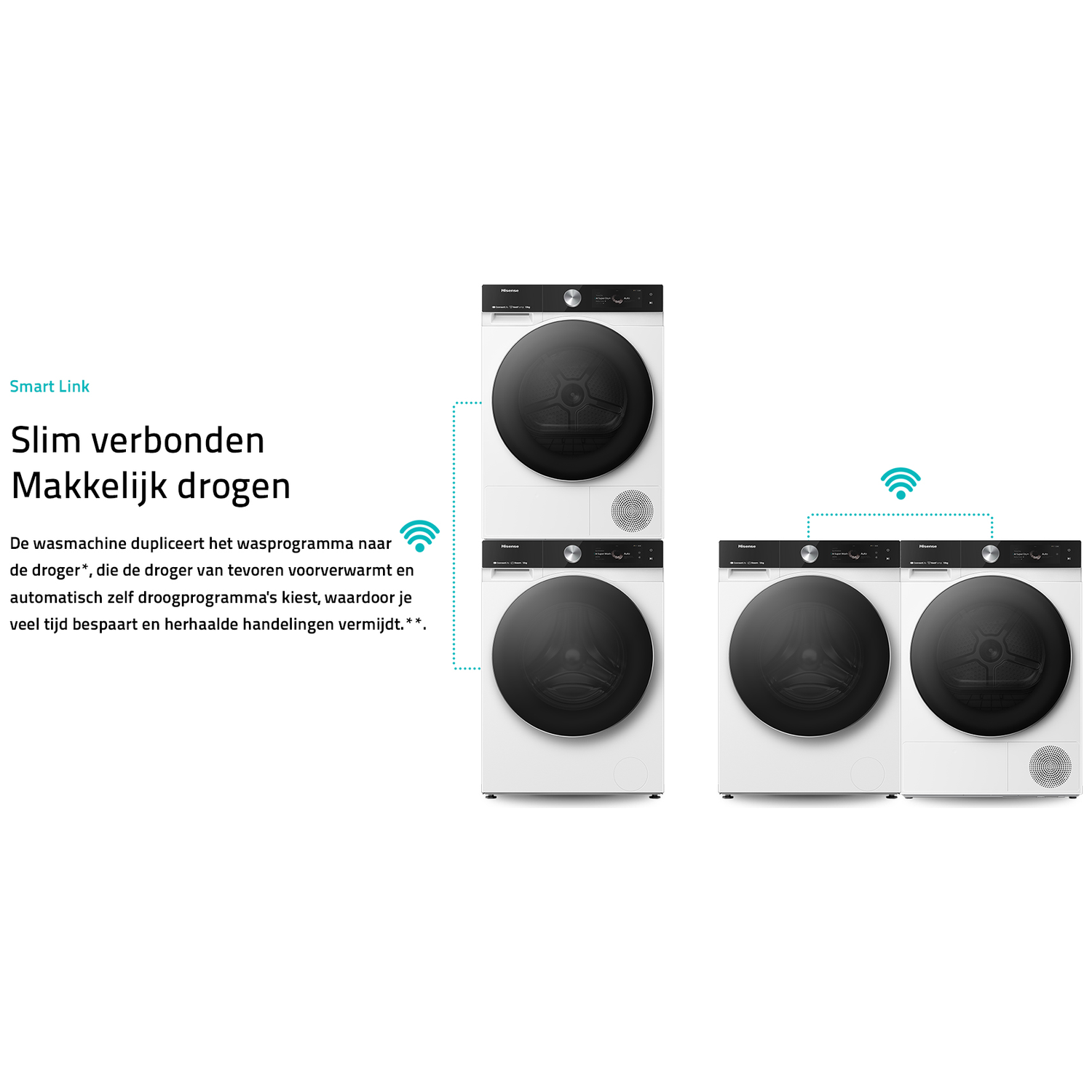 Witte wasmachines en drogers zijn gestapeld en verbonden.