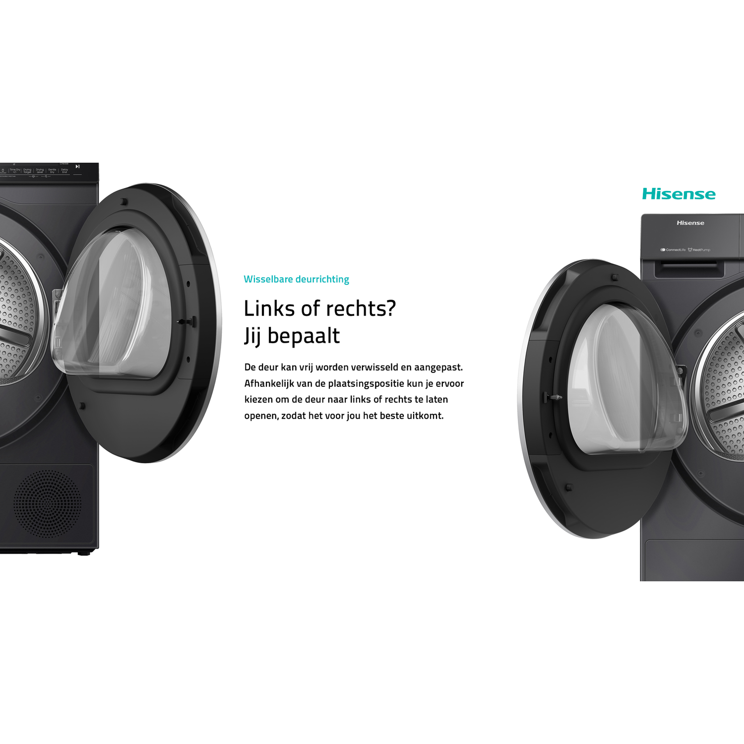 Twee zwarte Hisense drogers met open deuren, één links, één rechts.