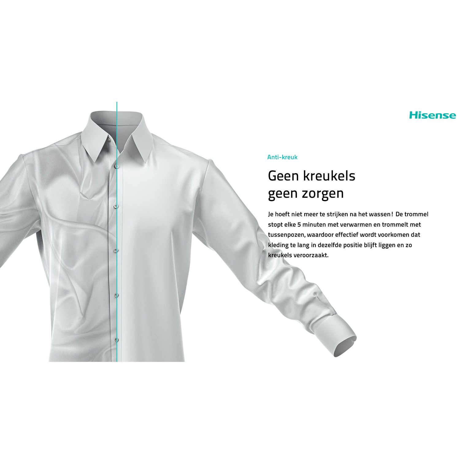 Een wit overhemd, links gekreukt en rechts glad, toont anti-kreuk technologie.
