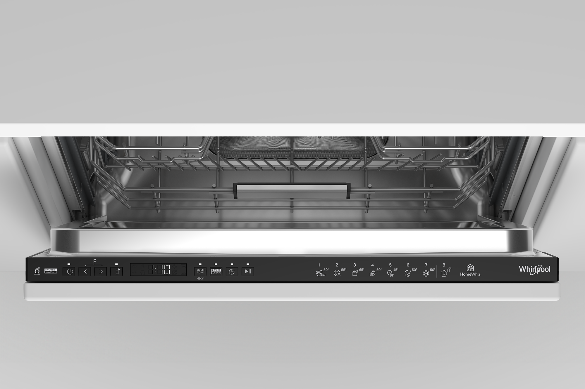 Otwarta zmywarka z panelem sterowania i logo Whirlpool.