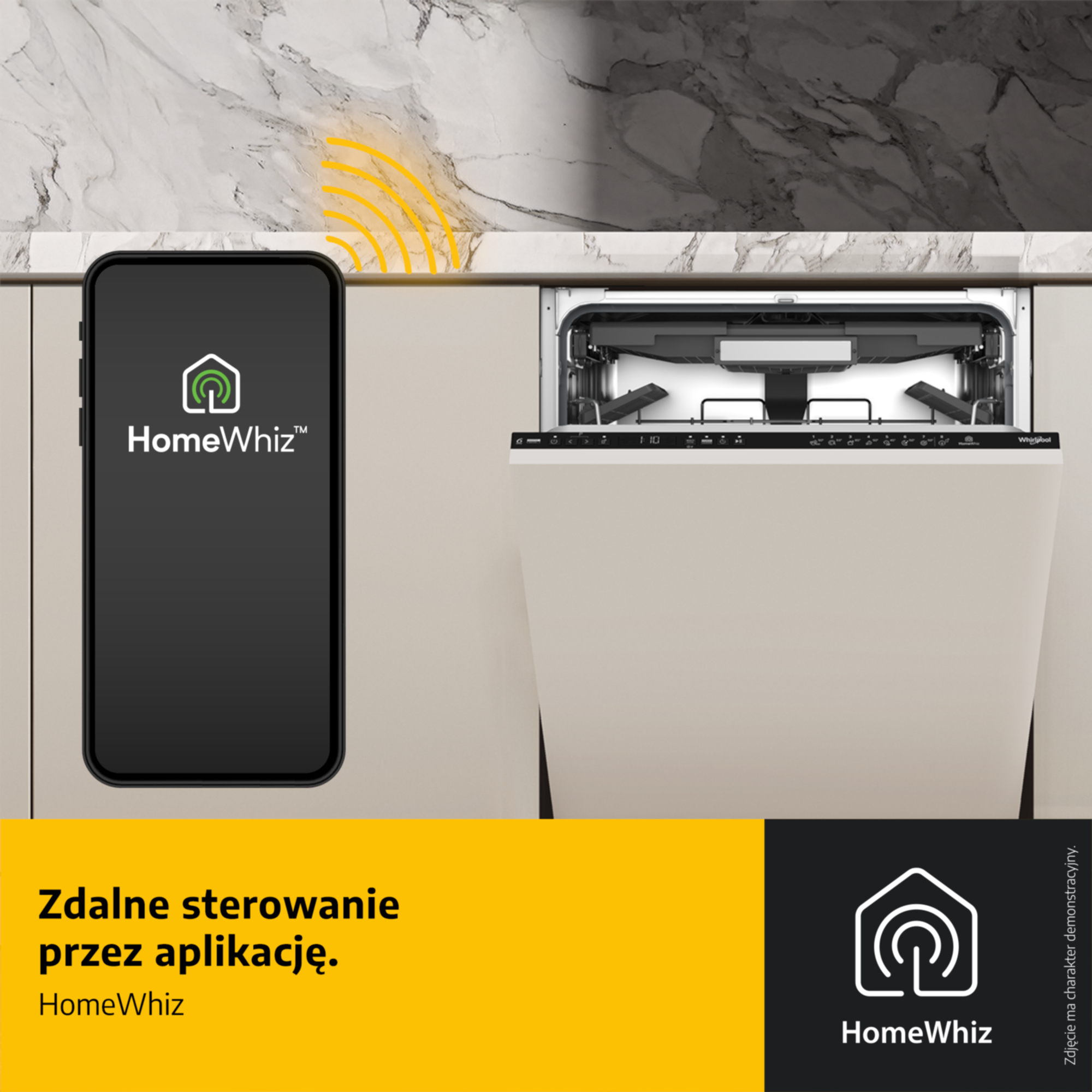 Smartfon obok otwartej zmywarki z aplikacją HomeWhiz.