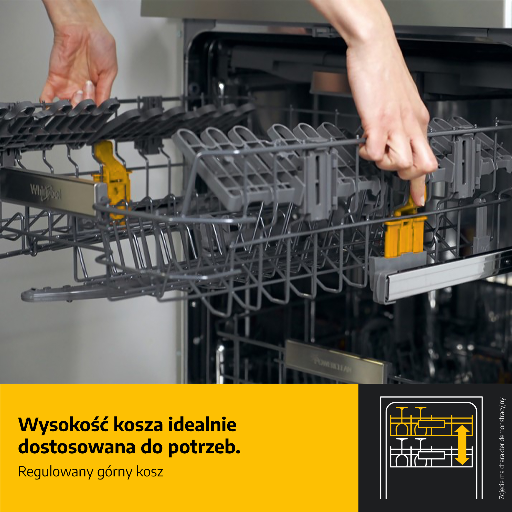 Ręce regulujące górny kosz zmywarki, widoczne żółte dźwignie.