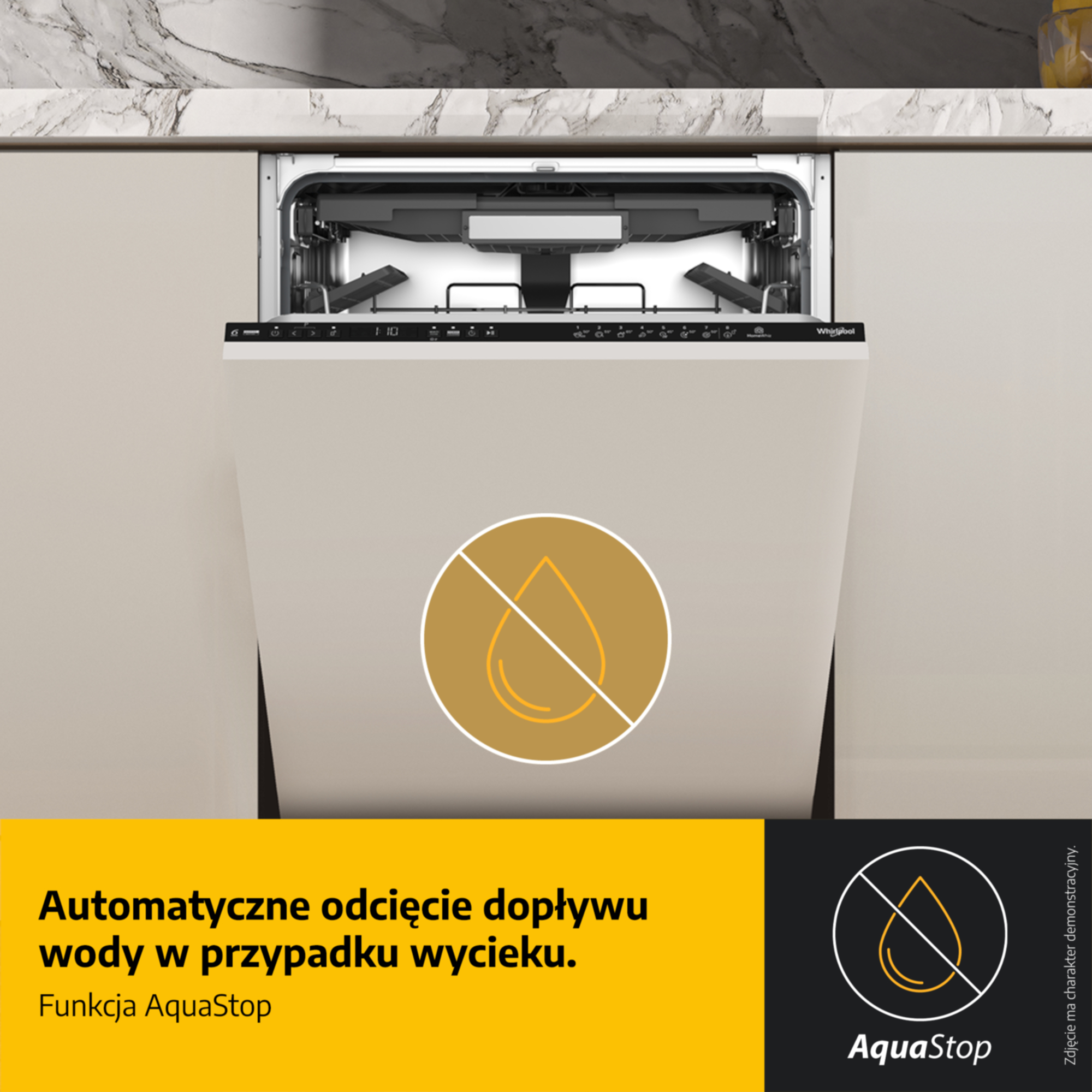 Zmywarka do zabudowy z otwartymi drzwiami, symbol AquaStop. Tekst po polsku.