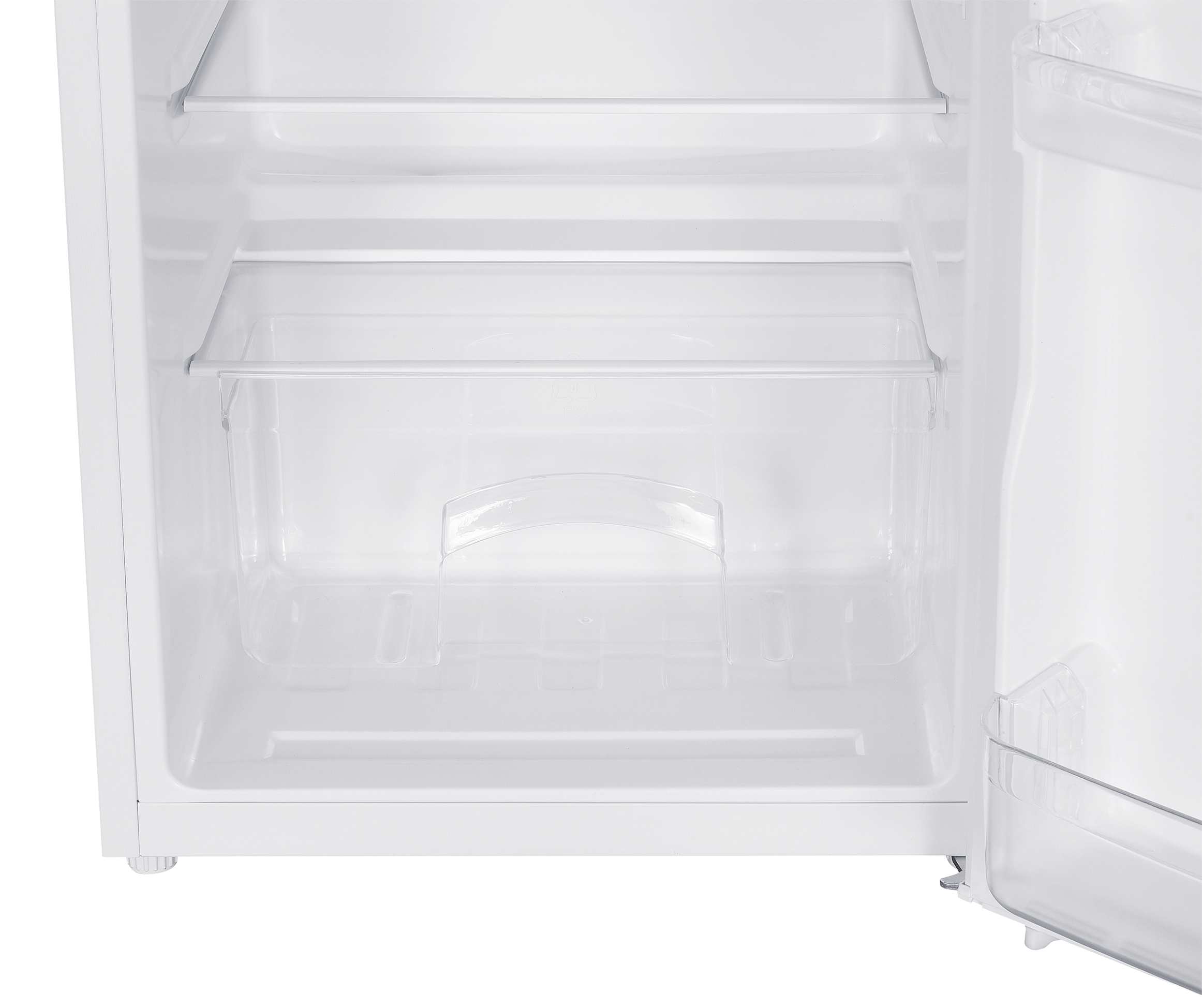 Vista interior de un frigorífico blanco vacío con cajones y estantes transparentes.
