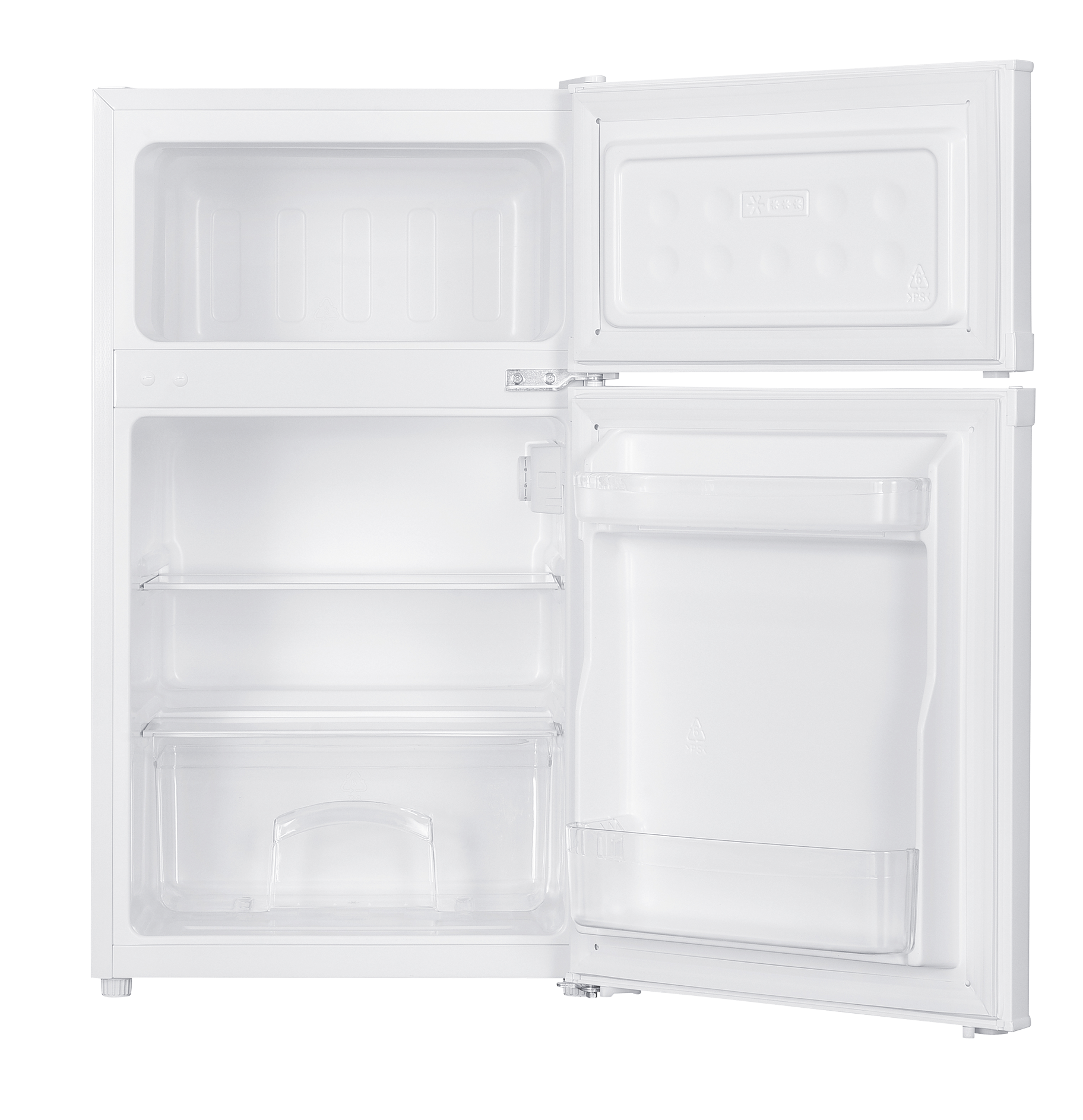 Un refrigerador blanco vaco con la puerta y el compartimento del congelador abiertos.
