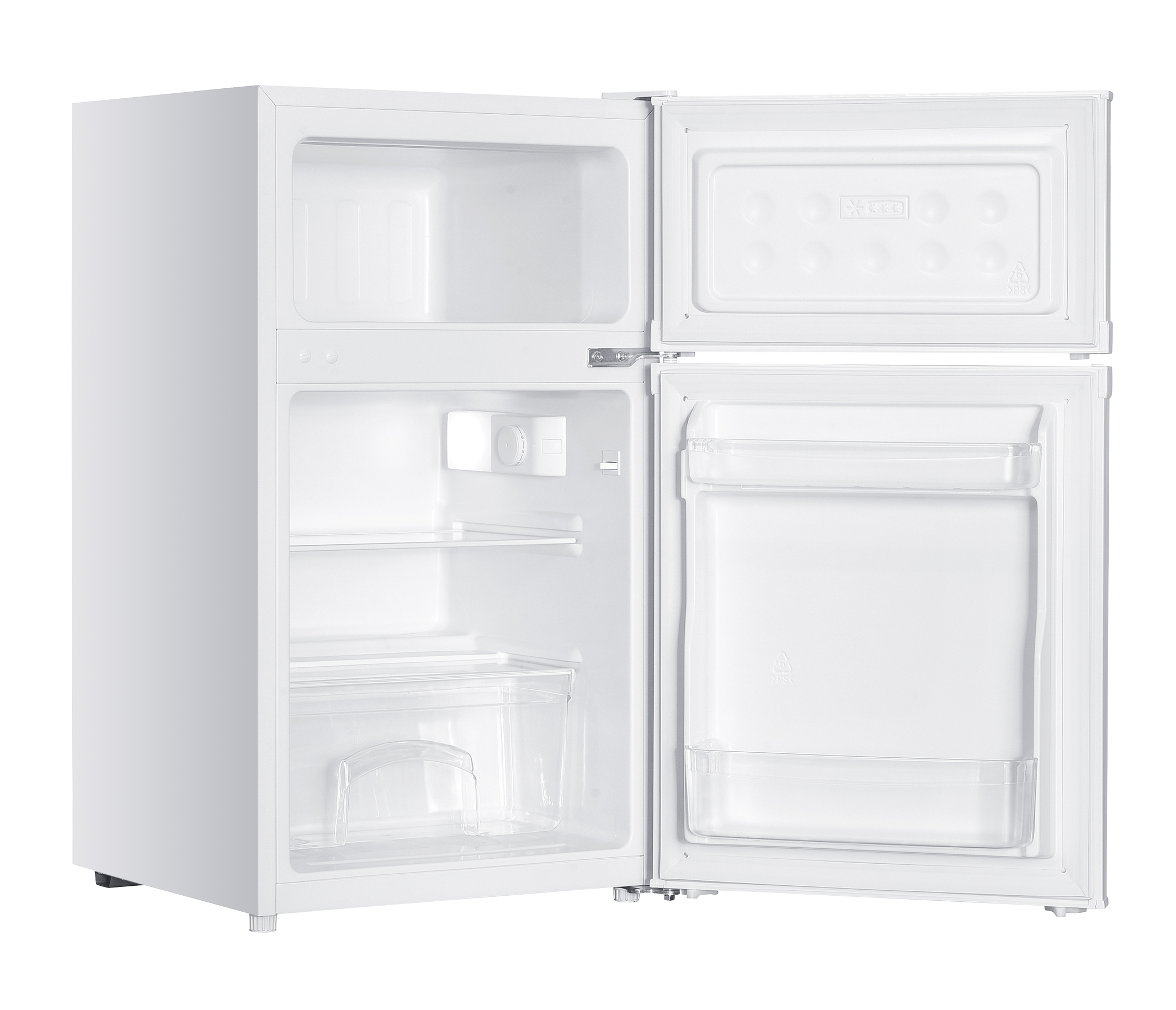 Un refrigerador blanco con las puertas abiertas, mostrando estantes y cajones.