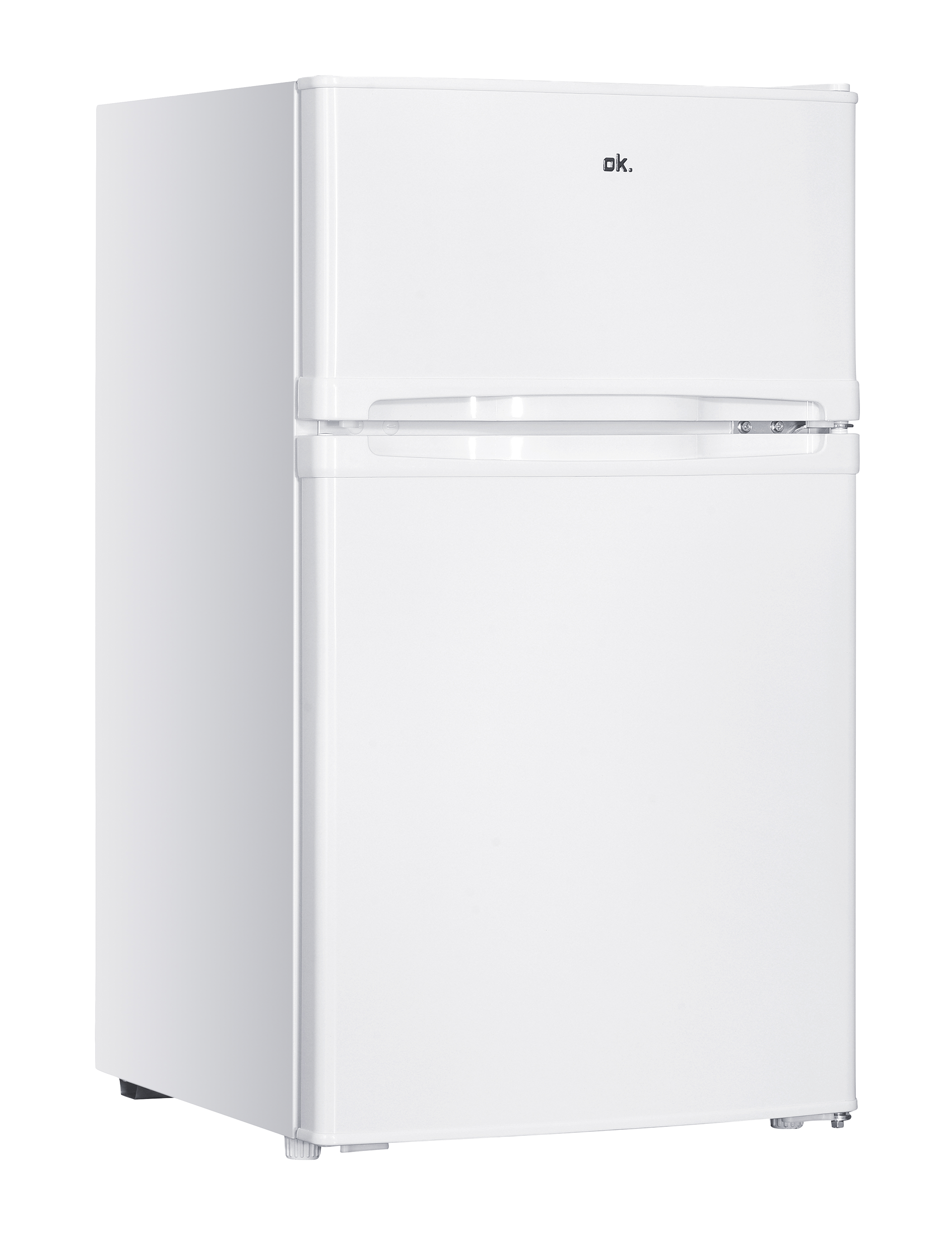 Un refrigerador blanco con compartimento congelador superior y el logo "ok."