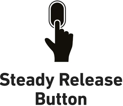 Symbol eines Fingers, der einen ovalen Knopf drückt. Text: Steady Release Button.