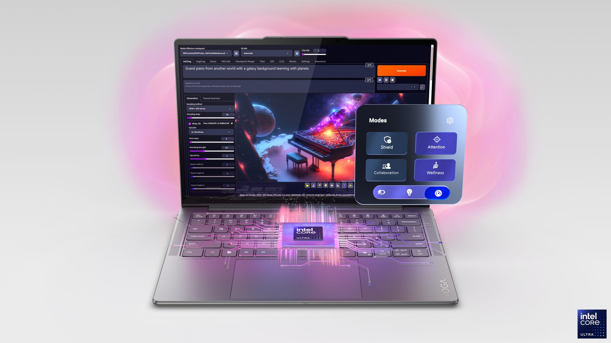 Laptop wyświetla wygenerowaną przez AI scenę kosmiczną z pianinem i planetami.