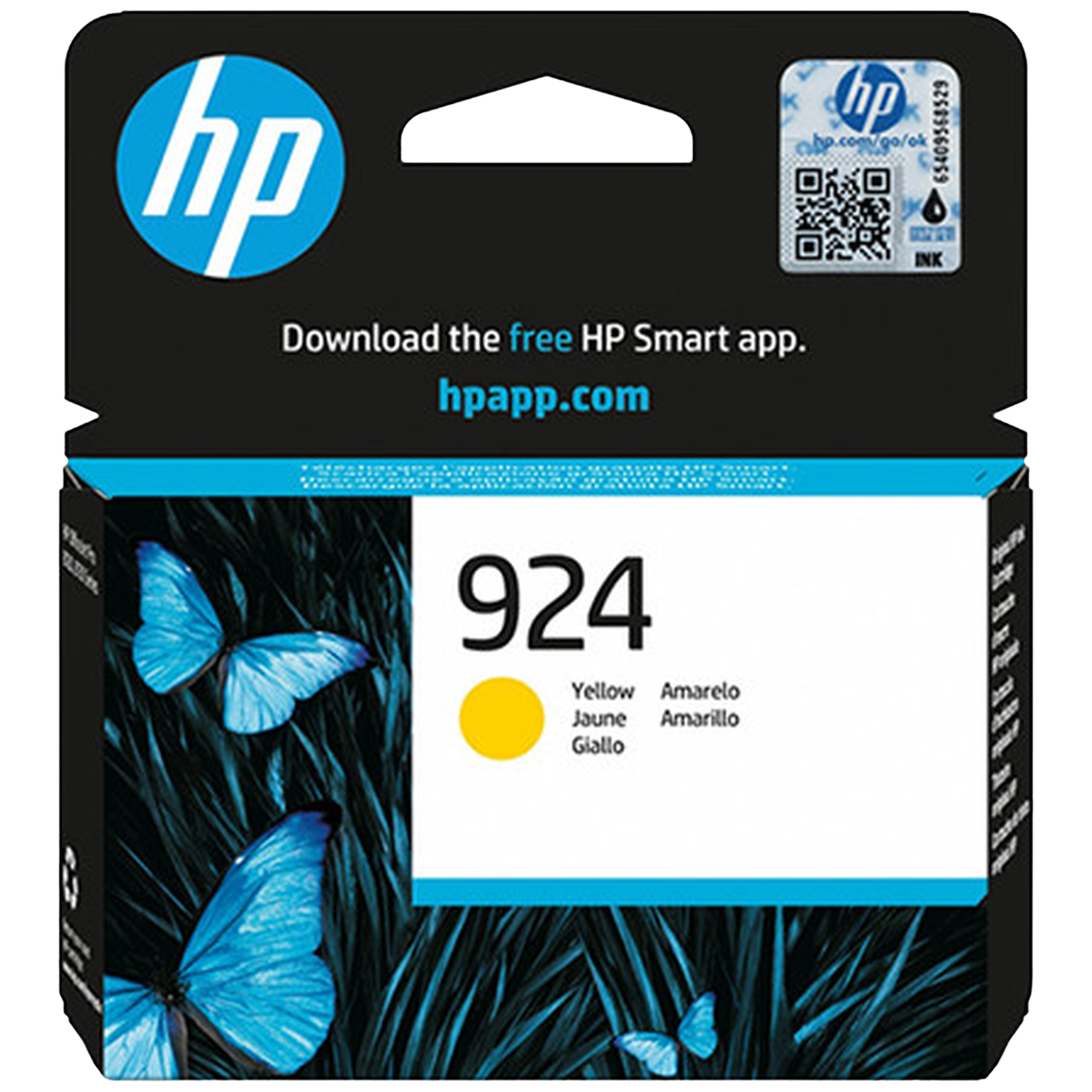 HP 924 yellow ink cartridge with butterfly design and HP logo.