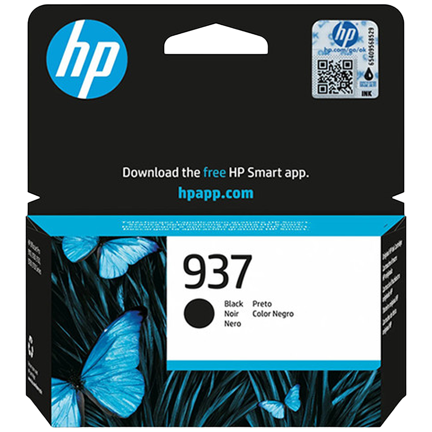 HP 937 ink cartridge with black butterflies on dark grass.