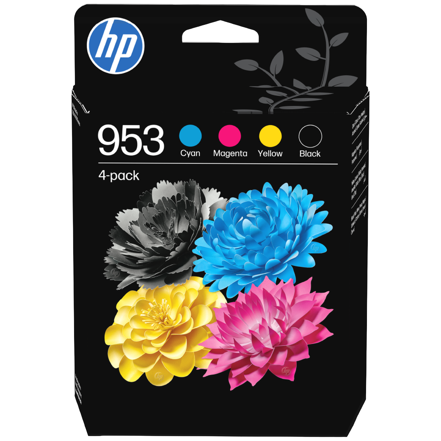 HP 953 ink cartridge 4-pack with cyan, magenta, yellow, black flowers.