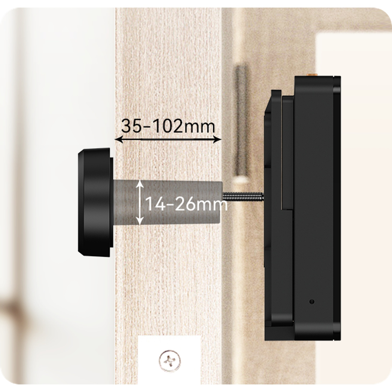 Deurdikte maten: 35-102mm, inbouwdiepte: 14-26mm. Zwarte deurhardware.