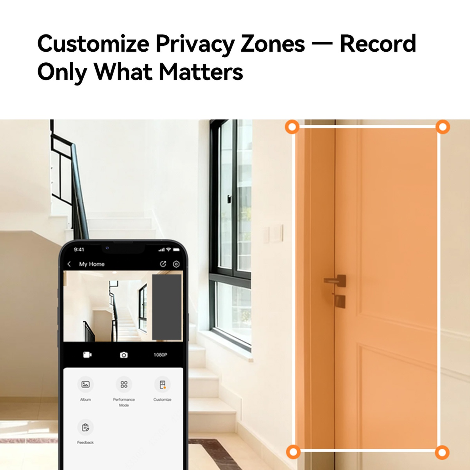 Een smartphone toont een app voor het aanpassen van privacydelen voor trappen en een deur.