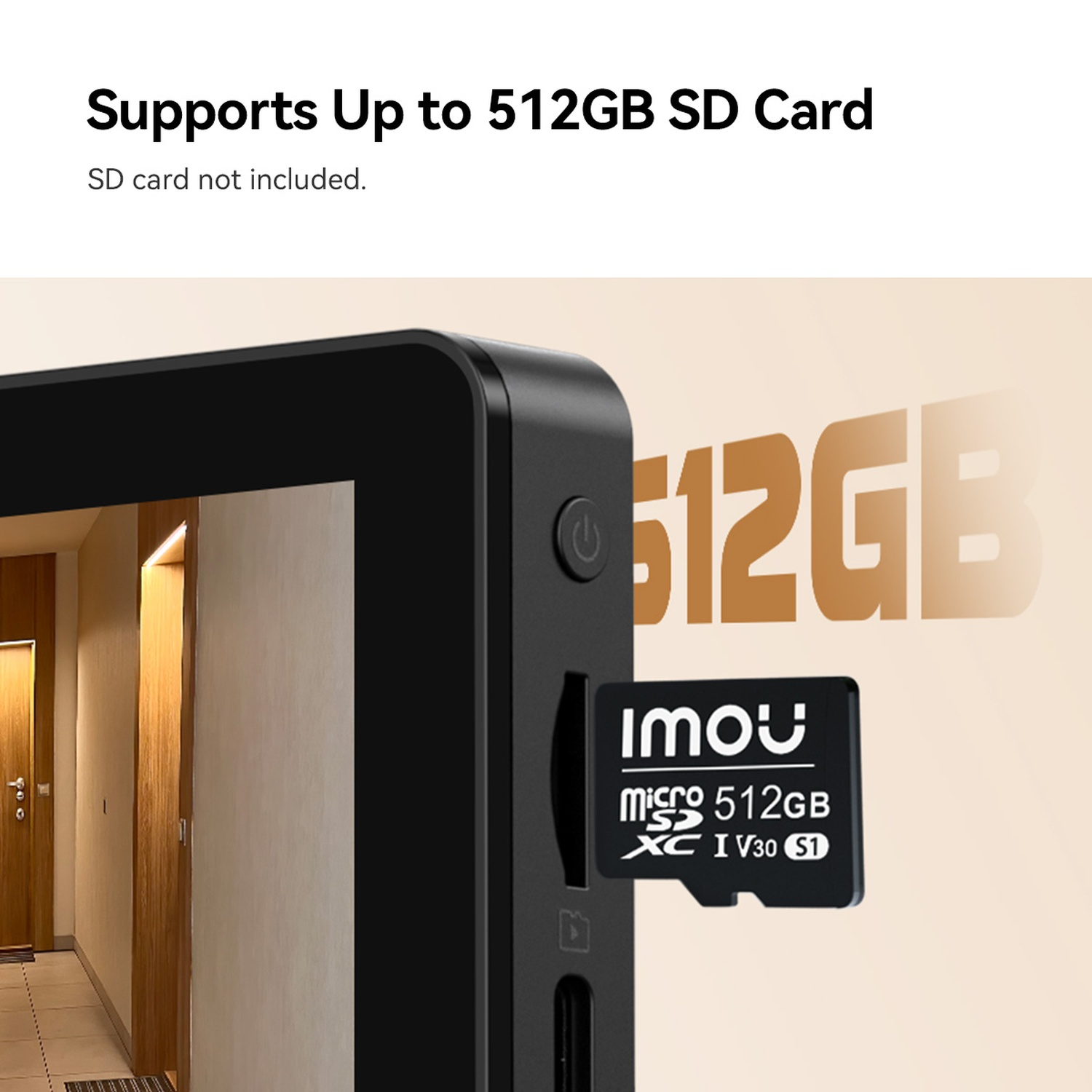 Zwart apparaat met geplaatste 512GB microSD-kaart. Tekst: Ondersteunt tot 512GB SD-kaart.