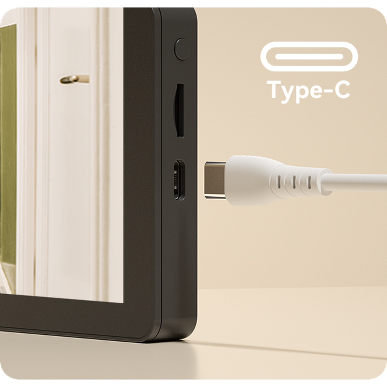 Een witte USB-C-kabel wordt aangesloten op een zwarte apparaatpoort.
