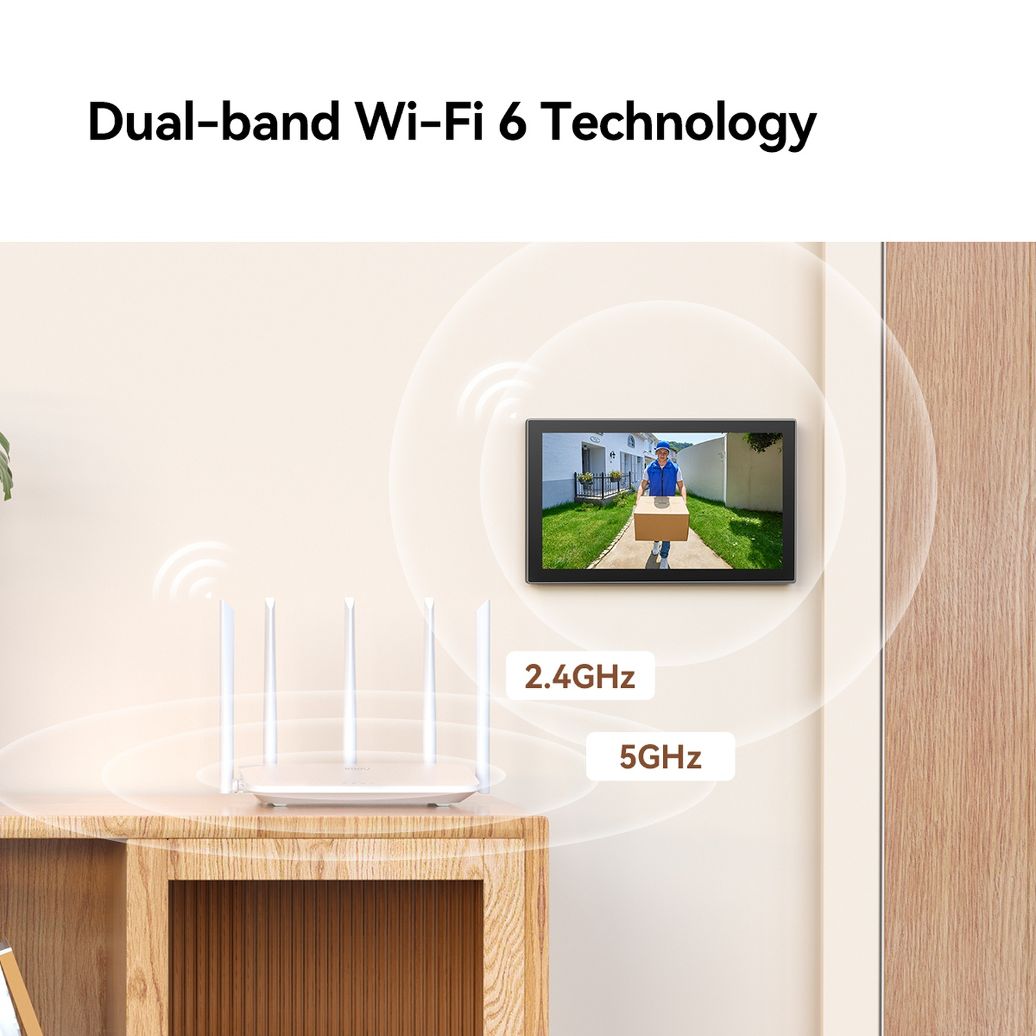 Een witte Wi-Fi 6 router staat op een houten plank. Een scherm toont een deurbelcamera.