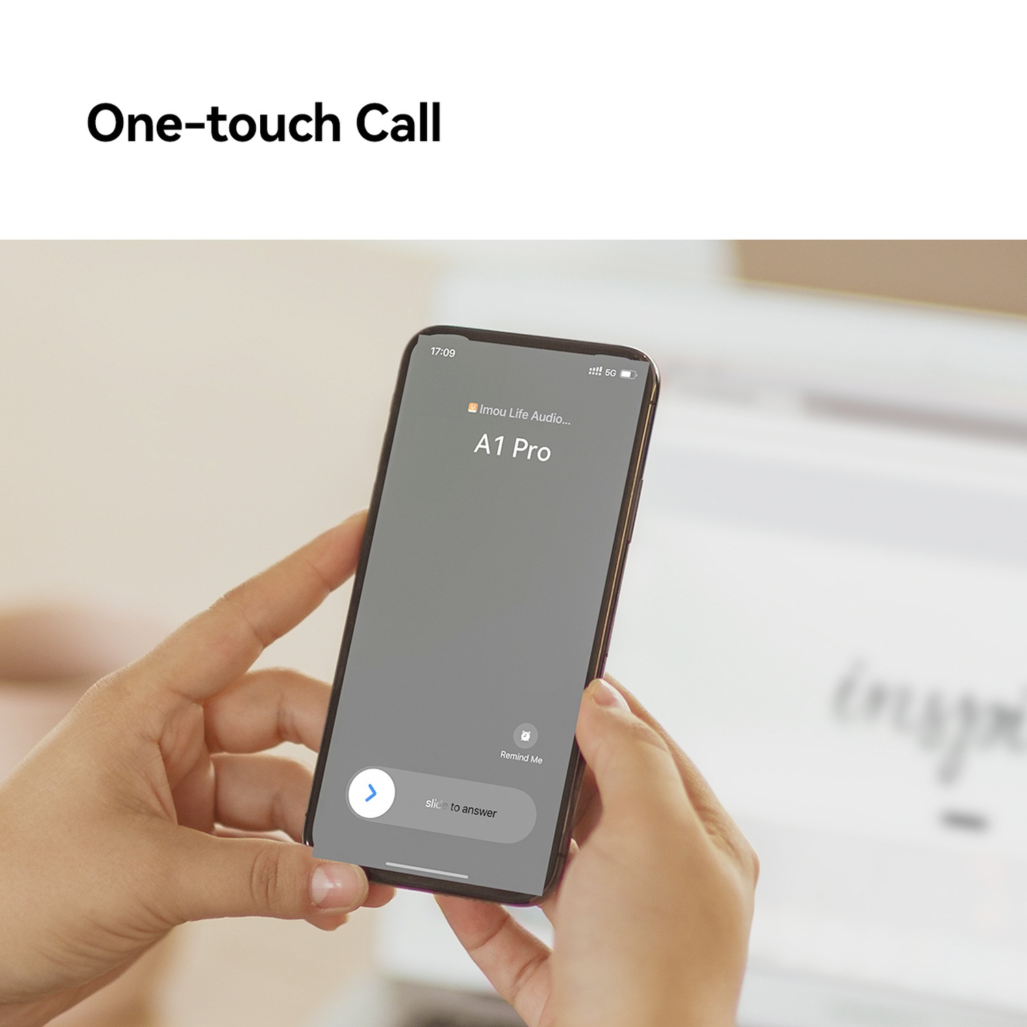 Une main tient un smartphone avec un appel entrant. "Slide to answer" est visible.