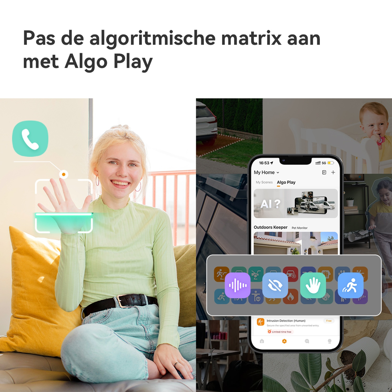 Une femme fait signe pendant qu'un téléphone affiche une application avec diverses icônes.