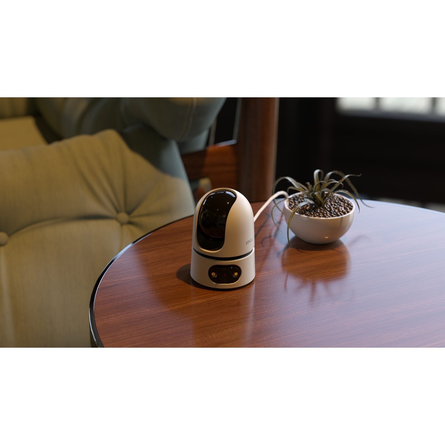 Une tête de caméra de sécurité blanche et une petite plante en pot sur une table en bois.