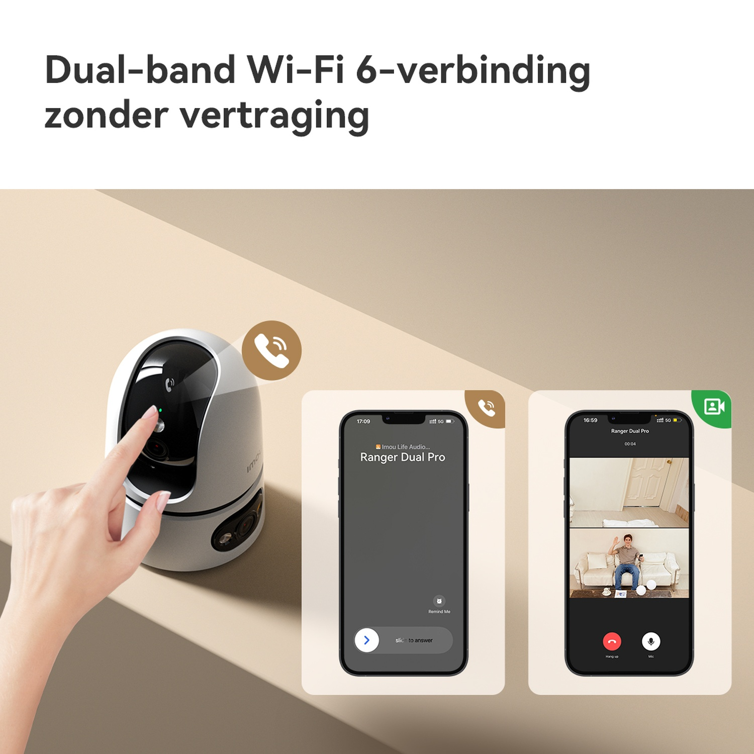 Une main touche une caméra Wi-Fi blanche. Deux écrans de smartphone sont à côté.