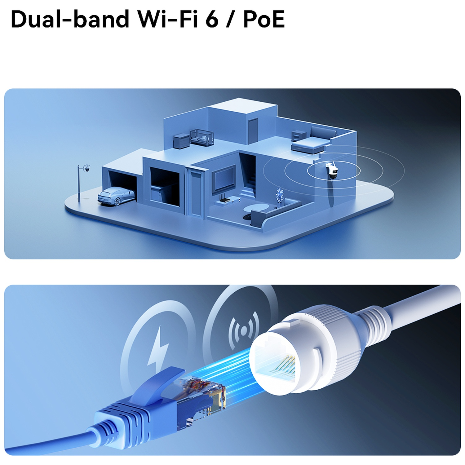 Modèle de maison avec caméra Wi-Fi, voiture et câble Ethernet.