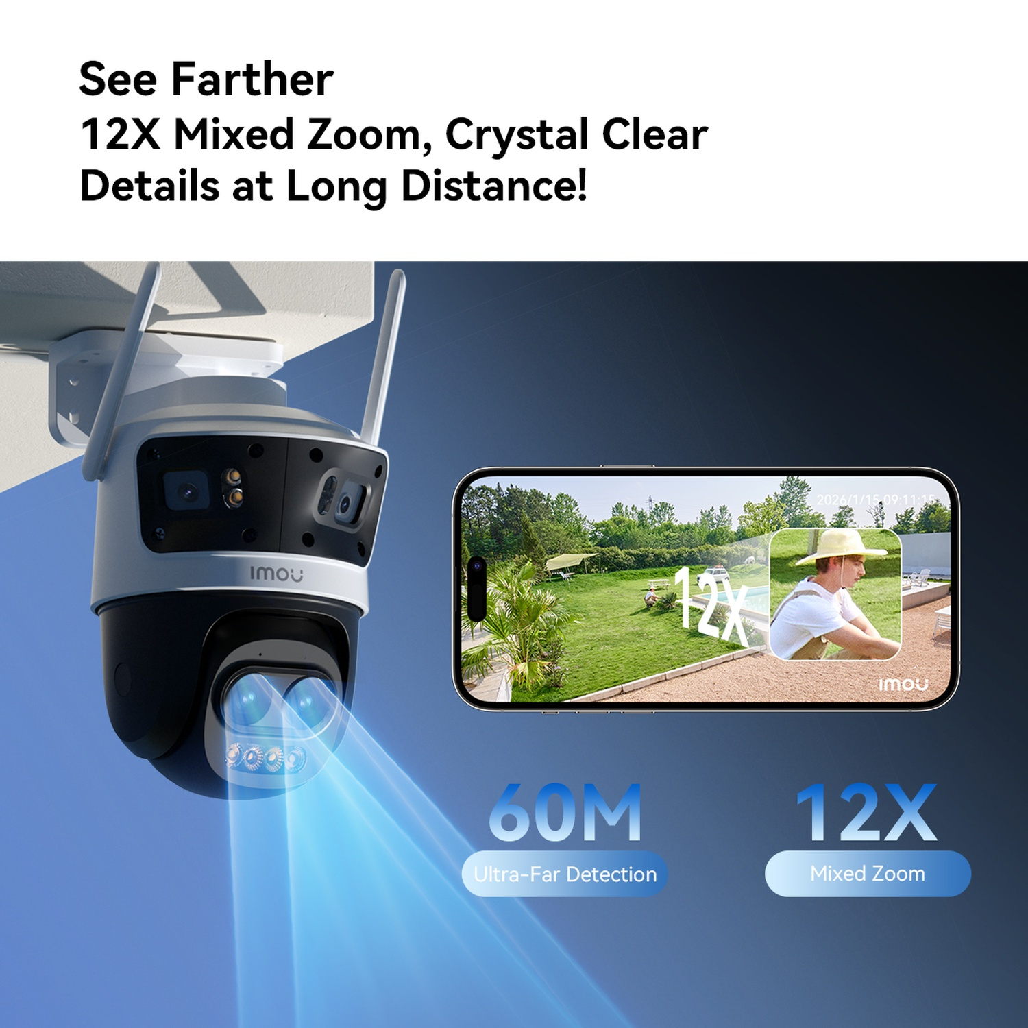 Une caméra de sécurité avec zoom 12x et un smartphone montrant la vue.