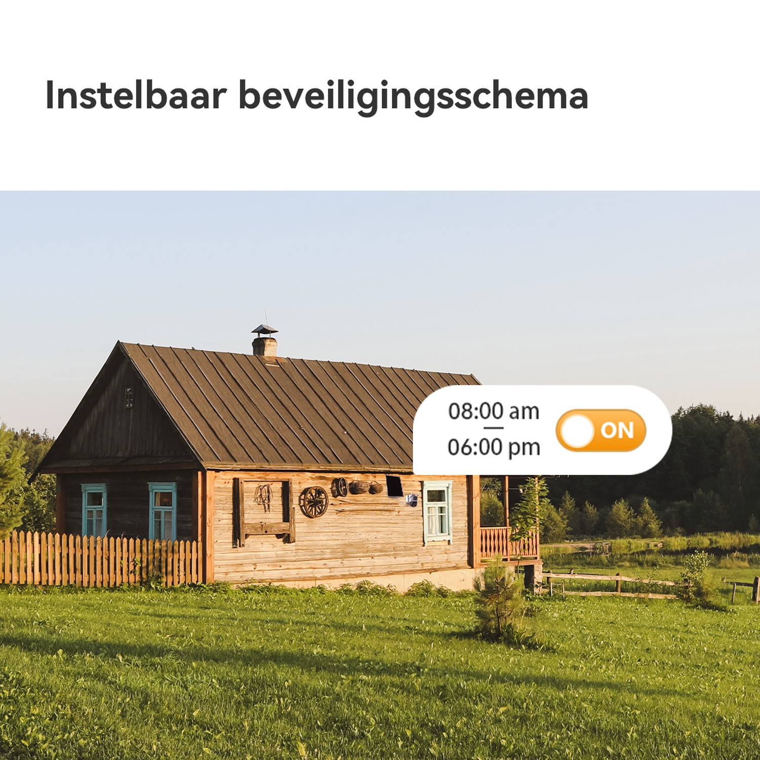 Maison en bois avec clôture, prairie et un interrupteur pour 8h-18h.