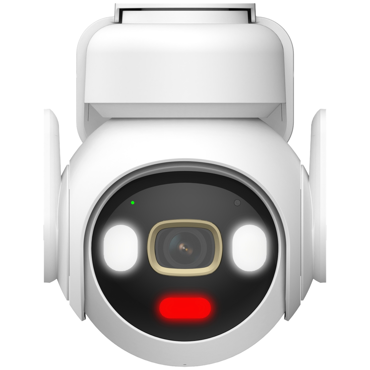 Caméra de sécurité blanche avec des yeux lumineux et un front rouge.