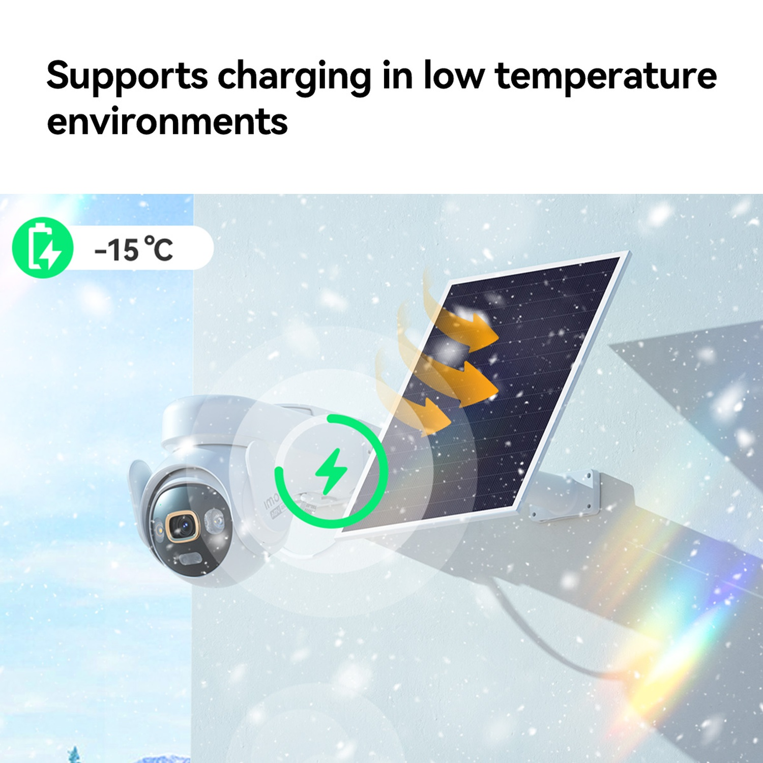 Caméra de sécurité avec panneau solaire à -15°C, supporte la charge à froid.