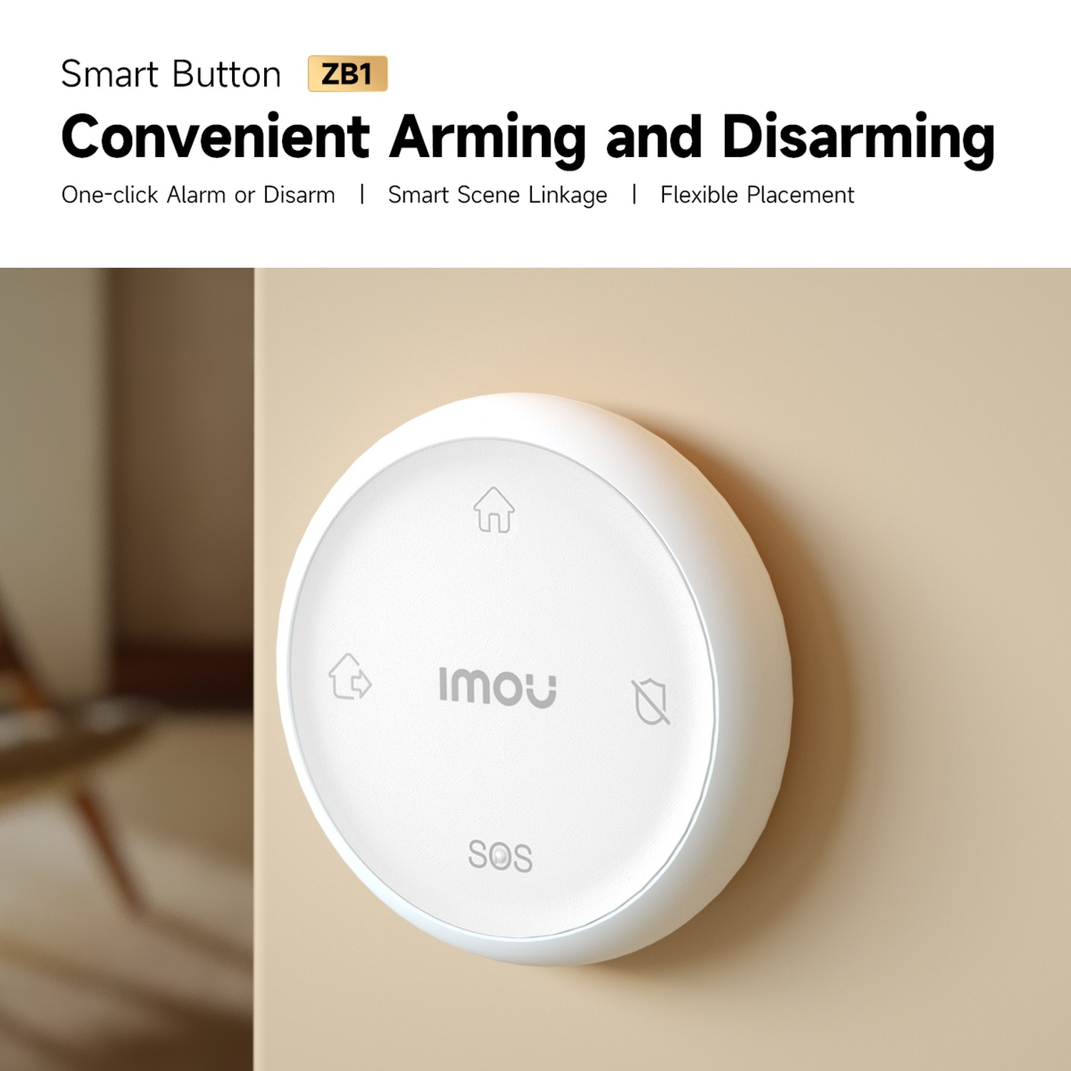 Een witte smart button met iconen voor huis, Imou, gesloten hangslot en SOS.